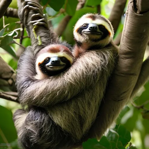 Prompt: costa rica, mama and baby sloth in a tree 