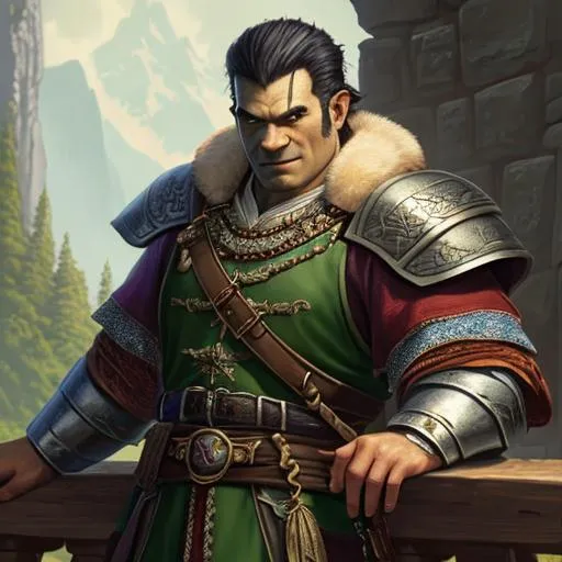 Prompt: oil painting, UHD,  8k, Very detailed, panned out view, whole character, male , mature adult, dungeons and dragons half-orc, noble clothing