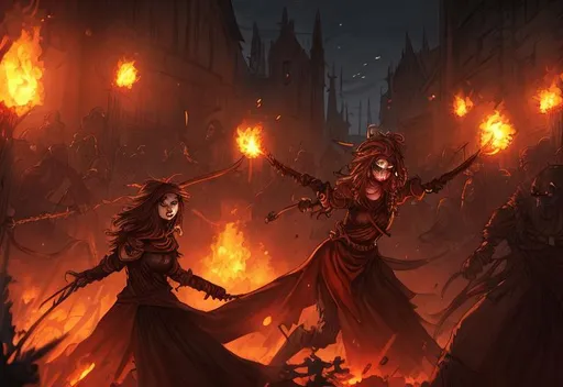 Prompt: a female fire mage at night is attacked by undead in a medieval city 