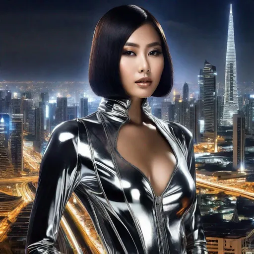 Prompt: RAW photo, pretty young Indonesian woman, 25 year old, (round face, high cheekbones, almond-shaped brown eyes, delicate nose, short bob black hair), wearing shiny silver revealing body suit, posing for picture, perfect hourglass figure, made of liquid metal, background futuristic cityscape at night, retrofuturism, futuristic, masterpiece, intricate detail, hyper-realistic, photorealism, award–winning photograph, shot on Fujifilm XT3