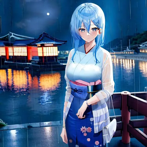 Prompt: Girl with blue hair , night, moon, anime, city, train, landscape photography, rain, blue, rill, japan, 