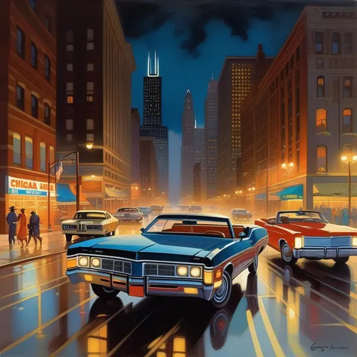 Prompt: 1970s, Chicago at night, car chase, warm atmosphere, cartoony style, extremely detailed painting by Greg Rutkowski and by Henry Justice Ford and by Steve Henderson