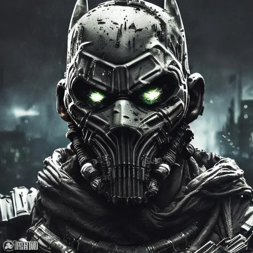 Prompt: Redesigned Todd McFarlane style futuristic military commando-trained villain batman spawn heist. full face mask. Bloody. Hurt. Damaged. Accurate. realistic. evil eyes. Slow exposure. Detailed. Dirty. Dark and gritty. Post-apocalyptic Neo Tokyo .Futuristic. Shadows. Sinister. Armed. Fanatic. Intense. 