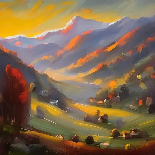 Prompt: Dawn and sunrise over wintry valley in oil