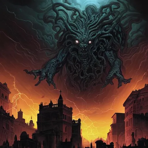 Prompt: it's Rome but in a Lovecraft story. Seen by the sky.
With darkness in form of black fog that envelope the city and shadow all around.
The shape of a big shadow monster, with claws dangerous on the city, it is on the background behind the cloud and thunder creates spot of light.
Look like a Dave McKean artstyle but colored by Marvel artist.
Main colors are black, white, blue and a warm one for the windows and lamp