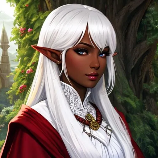 Prompt: dnd, elf, portrait, dark skin, white hair, female, Illustration, robes