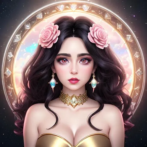 Prompt: big  eyes and carmine lips, silver and golden breaded silk, romanticism, hearts, lips, pink cheeks, translucid, unreal engine 148k octane, 3d lightning, stellar clouds, quartz and opal, fantasy