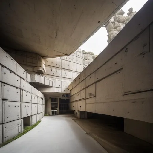 Prompt: a research facility carved into a side of a mountain, brutalist architecture