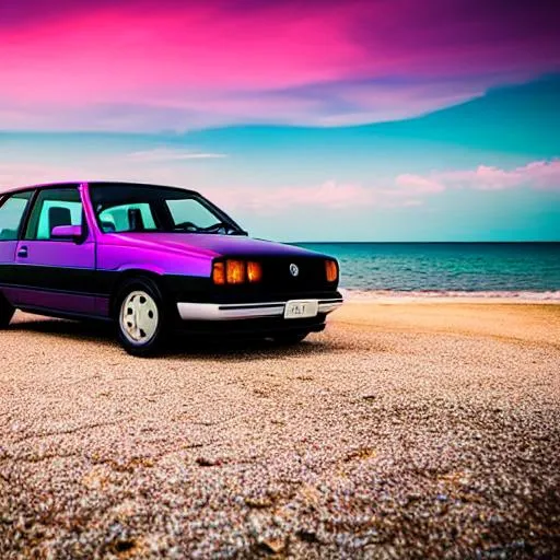 Prompt: Retrofuturistic 1992 vw golf parked by the beach in Miami at a synthwave style sunset