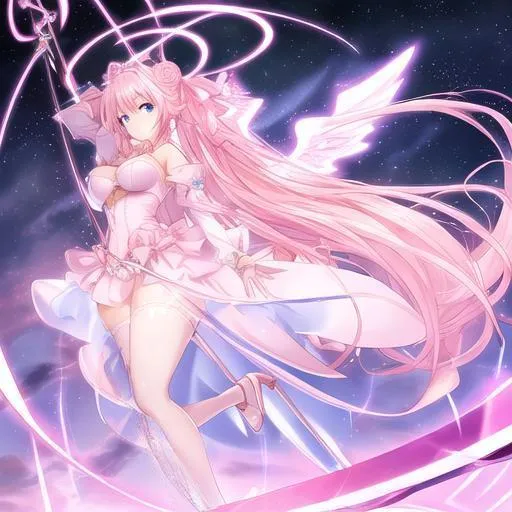 Prompt: thicc, light pink pentagram tattoo on abdomen, better quality, light pink hair, blue eyes, five fingers for each hand, scythe, hand wrapped around scythe, light pink top, light pink low rise skirt, rose gold heels, long white trench coat, light pink wings on back, light pink heart halo above head, sky, clouds, flying, two arms, two legs, sfw poses, fighting poses, full body portrait , beautiful hands, small hands
