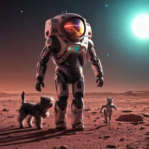 Prompt: image of cyborg Elon Musk with robot yorkie terrier on Mars, aliens and moon, beams of neon rays, ai render, smoke, water, black mirror