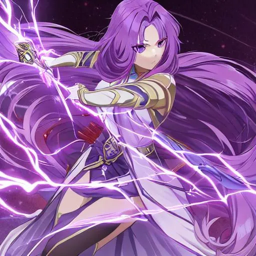 Prompt: Beautiful female, detailed eyes, has a sword emanating lightning, a young anime woman with long purple hair