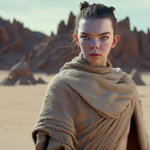 Prompt: anya taylor-joy, beaten face, detailed face, skinny, anorexic, tall, military, robot arm, desert armor, rey starwars, bandaged arms, tan poncho, desert, mountain, scifi, futuristic