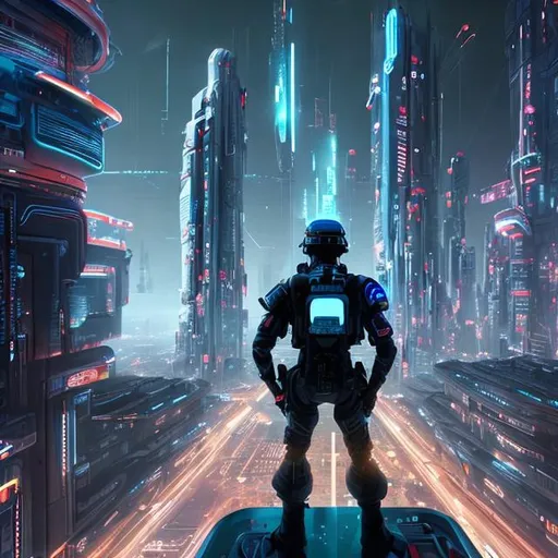 Prompt: A Futuristic soldier standing on the edge of a building looking out towards a massive neon city