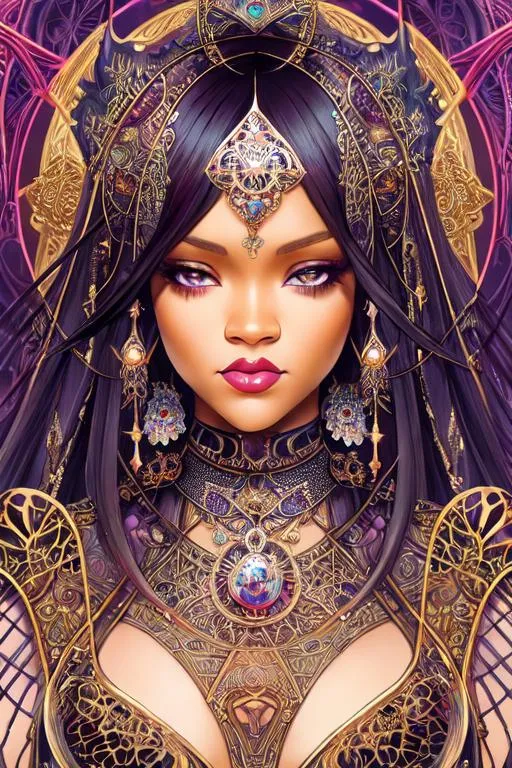 Prompt: symmetrical, close-up beautiful detailed portrait (((((rihanna))))), beautiful, intricate, magical, sacred, grim frightening goddess of death and destruction, divine chaos engine, symbolist, visionary, art nouveau, sci-fi gothic fractal structures, by Alex Grey by Alphonso Mucha by Caia Koopman by Anne Stokes by Charles Maurice Detmold, black red metal steel colors