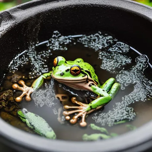 Prompt: frog boiling in a pot of water on the ground

