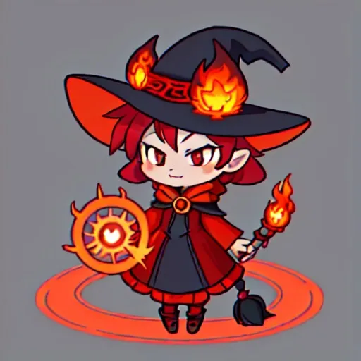 Prompt: fire Witch, color palette ember, lacy witch hat and witch outfit ember colored with clouds and fire pattern, wand topped with a flame, best quality, masterpiece, background in a circle of fire
