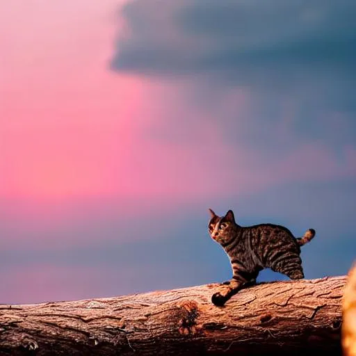 Prompt: High resolution,Cat sitting on a log,sunset,pink sky,clouds