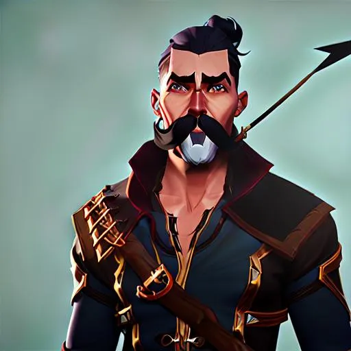 Prompt: Adventurer with Black hair and man bun and mustache aiming bow and arrow 