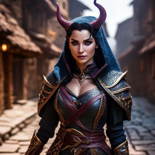 Prompt: D&D tiefling female, walking through a village,  highly detailed, professional, render, Sharp focus, HD, UHD, HDR, hyper realistic, leather armor
