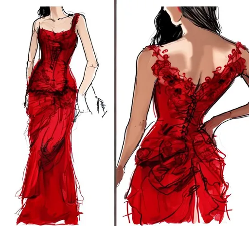 Prompt: Draw a croquie in a red wedding dress with an open back 