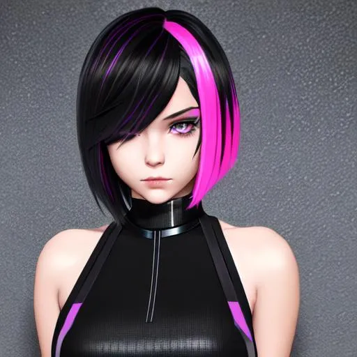 Prompt: cyber punk, insanely beautiful 16 year old girl. black with pink streaks bob cut hair.  wearing a tight black top and black jeans. perfect grey eyes. perfect anatomy. symmetrically perfect face. hyper realistic. soft colours. no extra limbs or hands or fingers or legs or arms.