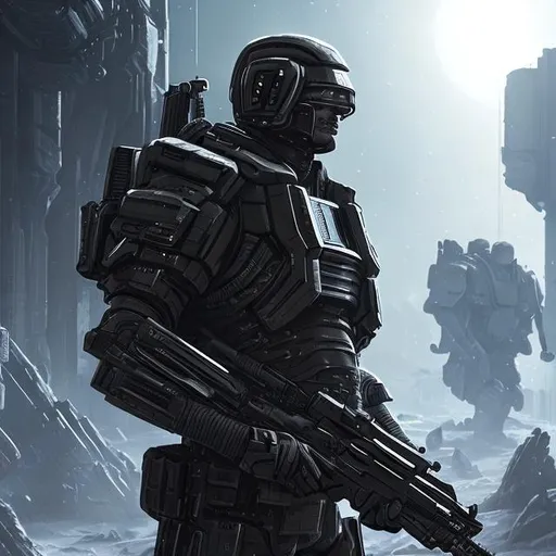 Prompt: Imposing soldier wearing black futuristic armor and with futuristic rifle over his shoulder. 8k, hyperrealistic, sharp, futuristic, dark, space.