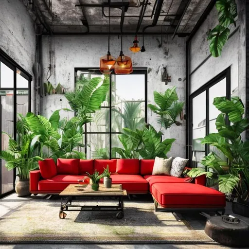 Prompt: Realistic, living room, industrial style, red sofa, highly details, tropical outdoor view 