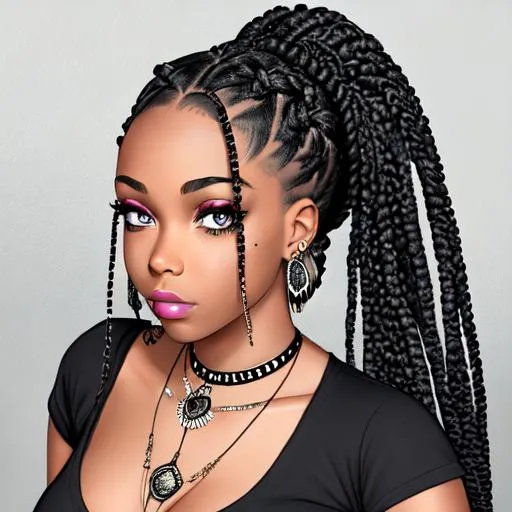 Prompt: punk, insanely beautiful 21 year old girl. beautiful box braids.  wearing a black top and black jeans. perfect grey eyes. perfect anatomy. symmetrically perfect face. hyper realistic. soft colours. no extra limbs or hands or fingers or legs or arms. full body view. dark skin.