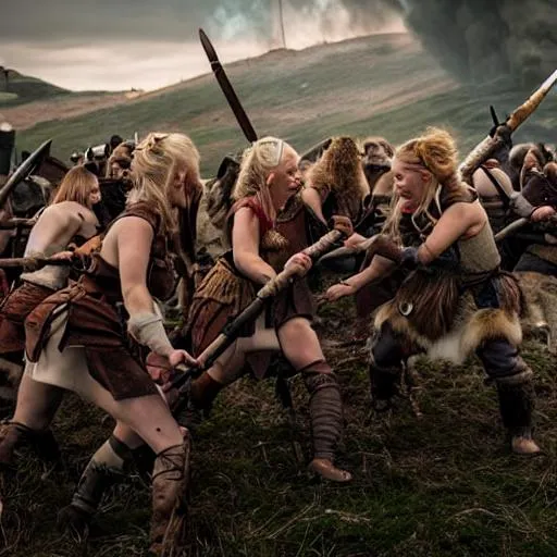 Prompt: viking women attacking and pillaging village, a lot of fire, smoke, viking raiders are females, blonde and redhead, symmetrical pretty faces, wearing leather and fur armors
| sharp focus, ultra-fine details, cinematic lighting, 4k |