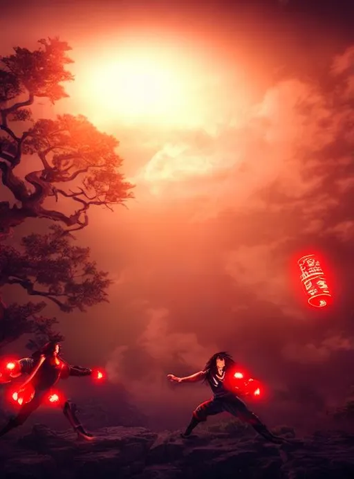 Prompt: hero. dramatic lighting, two japanese beardless long haired warriors fighting, flying, jumping, unreal engine red lanterns, backlit, old gnarly tree