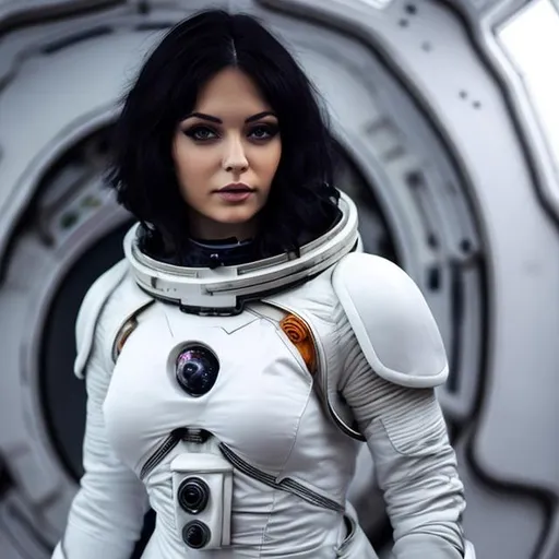 Prompt: Beautiful women with raven hair, dressed in a white comfortable scifi spacesuit, photographic.
