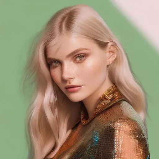Prompt:  dark future, {{A very pale green skinned woman, ,closeup Full-body}} ((realistic pretty face)) Smooth white serpent Like skin,  detailed masterpiece, fantasy, high-res, quality upscaled image, perfect composition, subject of this image is a (beautiful  female),Brown with gold highlights hair, (busty fit body), 18k composition, 16k, 3D image, cell shaded, orange sunrise  background, 