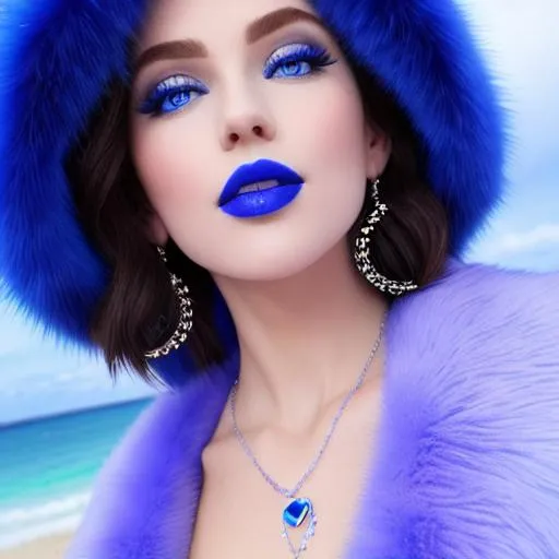 Prompt: Daisy Ridley, eating candy ice cream, blue lipstick, snowy beach, blue heart necklaces, Thick blue fur coat, Black Cape, pleasant face, blue eyes, Black-purple eyeshadow, long ice earrings. Cold color scheme, ultradetailed, 8k resolution, perfect, smooth, high quality, shiny. 