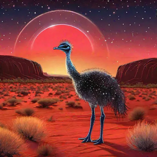 Prompt: An elegant translucent emu that is glowing, in a red desert near Uluru, sunset, beneath the stars, bioluminescent, highres, best quality, concept art