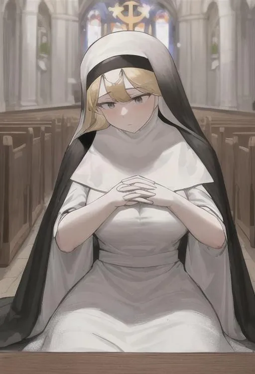 Prompt: 8K, High Quality, HD, Background Detail, Face Detail, Full_Body, She is in a Church, She is a Nun, She is dressed in a Nun Habit, She is Praying, She is Sideways, The church is empty, The Church got a Statue of a Goddess of Love 