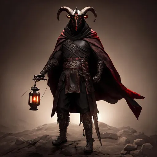 Prompt: man wearing black cloak, stylized leather goat-style mask with lantern, ancient culture, deep underground, holding an obsidian katana, sharpened blade, dark red highlights, elden ring, photorealistic, masterpiece, 4k ultra hd, raytracing, unreal engine, rtx on