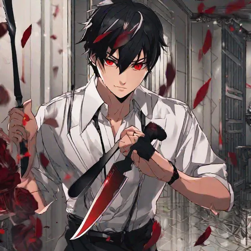 Prompt: Damien (male, short black hair, red eyes) going insane, holding a knife