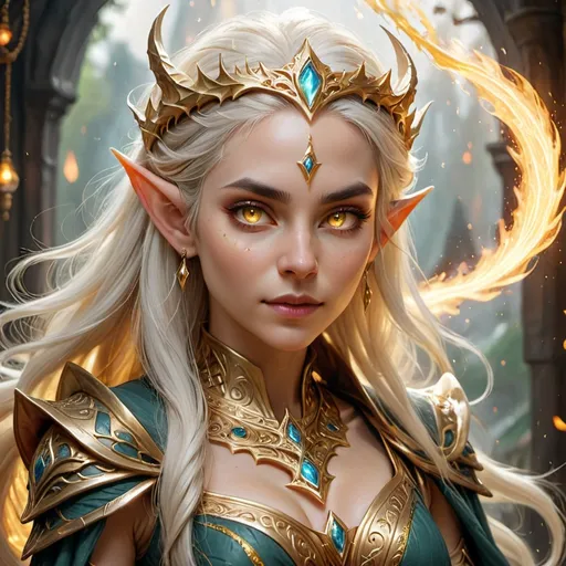 Prompt: Female high elf, draconic sorcerer, royal attire, stunning white skin, luxurious gold hair cascading down, mesmerizing gold eyes that radiate wisdom, adorned with opulent jewelry including diadems and intricate necklaces, surrounded by a mystical glow, elegant fantasy background, magical embers floating in the air, high definition, ultra-detailed, cinematic atmosphere.