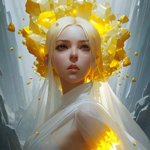 Prompt: men in yelow crystal geode, sheer white cloth falling down around her, by artgerm, alessio albi, fabian perez, pino daeni, karol bak, cushart, wlop, craig mullins, peter mohrbacher, daniel f gerhartz, malcolm liepke