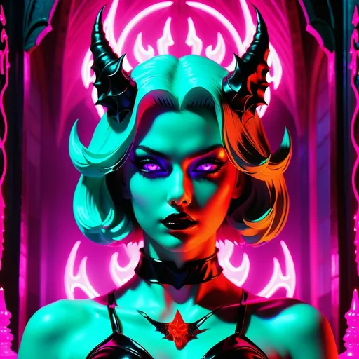 Prompt: beautiful female demon, hell, demonic, gothic, vaporwave, retro, neon, aesthetic, liminal, high quality, high definition, beautiful, dramatic lighting