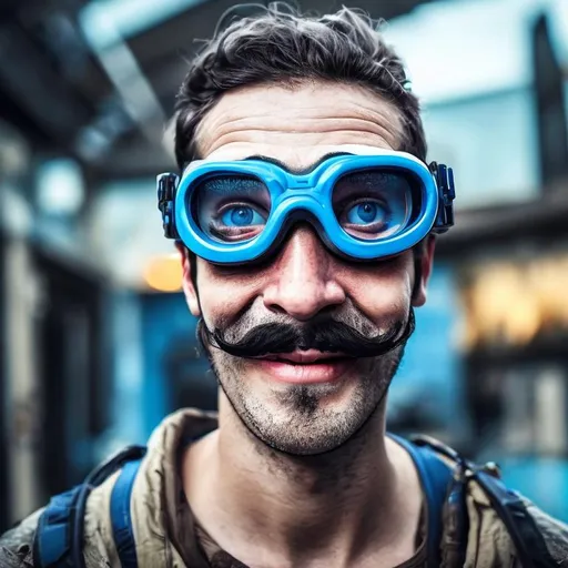Prompt: A face of man giving a fake smile.with blue goggles.with beard but no mustche.and he bald background of the image is half black and half white