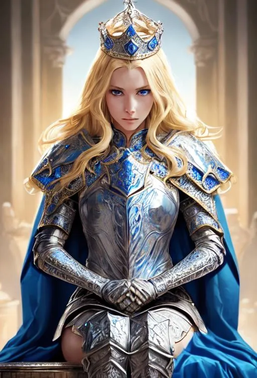 Prompt: Gorgeous women as a knight, detailed face, wearing fancy armor, blonde, blue eyes, wear crown, wear cape, sit at the throne, full body, mythical, elegant, hyperrealism, highly detailed, intricate detailed,dynamic lighting, 4K, HD.
