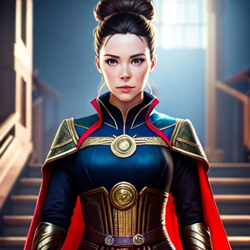 Prompt: Female doctor strange, standing on a staircase, hair bun, back lighting, symmetrical face, freckles, front view, full body