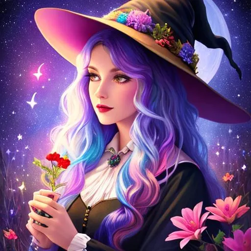 Prompt: a beautiful witch with flowing multicolored hair, Disney style, witch hat, moon, forest, flowers, nighttime, galaxy, soft light, art, painting, sweet, fireflies, pastel, vaporwave