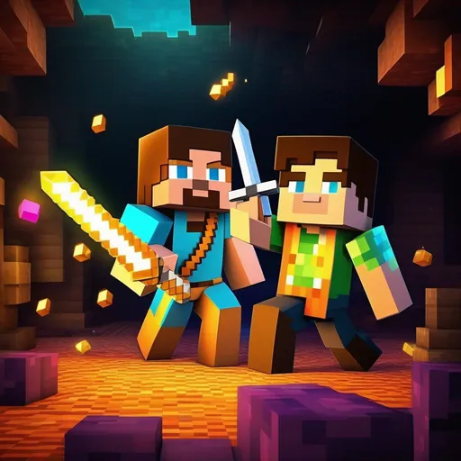 Prompt: Minecraft Steve and Guy Spelunky in an epic showdown deep underground, surrounded by ancient ruins ((emerging from the shadows)). The walls are adorned with glowing crystals, casting a vibrant glow across the scene. Steve's diamond sword clashes with Guy's trusty whip ((in a burst of fiery sparks)) as they engage in a fierce battle. The air is filled with suspense as blocks of obsidian and treasure chests ((rise from the ground)), creating an obstacle-filled arena. A swarm of bats ((chanting ancient incantations)) hover above, adding an eerie ambiance to the scene..