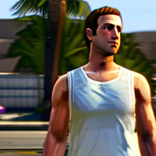 Prompt: Grand Theft Auto San Andreas (2004) cutscene featuring Uncanny Mark Zuckerberg cosplaying as CJ Carl Johnson from GTA San Andreas, white sleeveless tanktop, player model, grove st, mod, focus on face, protagonist, ghetto, ps1 gameplay, Dreamcast graphics, San Andreas Mod, GTA SA, Compton, Ps2