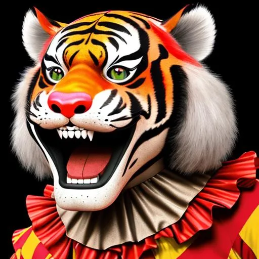 Prompt: hyper detailed tiger(animal) in a clown suit with a red clown nose