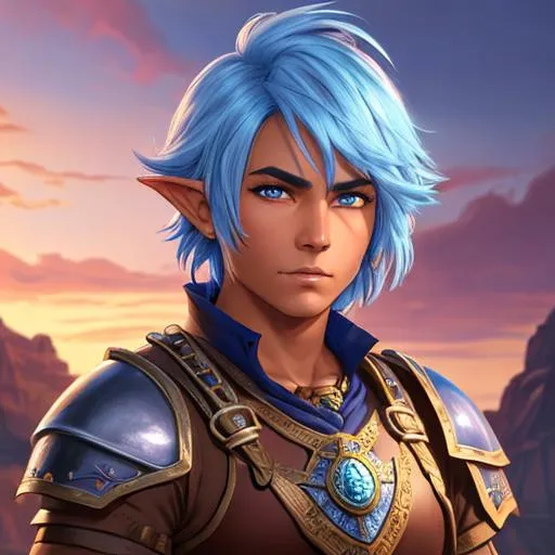 Prompt: oil painting, D&D fantasy, tanned-skinned-gnome man, tanned-skinned-male, short, short bright brown and blue hair, cropped hair, ready for battle, pointed ears, looking at the viewer, warrior wearing intricate armor outfit, #3238, UHD, hd , 8k eyes, detailed face, big anime dreamy eyes, 8k eyes, intricate details, insanely detailed, masterpiece, cinematic lighting, 8k, complementary colors, golden ratio, octane render, volumetric lighting, unreal 5, artwork, concept art, cover, top model, light on hair colorful glamourous hyperdetailed medieval city background, intricate hyperdetailed breathtaking colorful glamorous scenic view landscape, ultra-fine details, hyper-focused, deep colors, dramatic lighting, ambient lighting god rays, flowers, garden | by sakimi chan, artgerm, wlop, pixiv, tumblr, instagram, deviantart