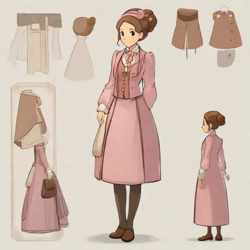 Prompt: professor layton character concept art, full body shot, alone on a white background, original character named ophelia who is a woman with a pink dress and brown hair in a regal bun